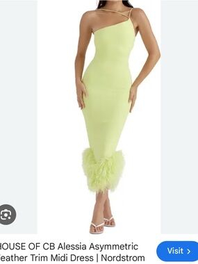 House of CB Alessia Asymmetric Feather Trim Midi Dress - Lime